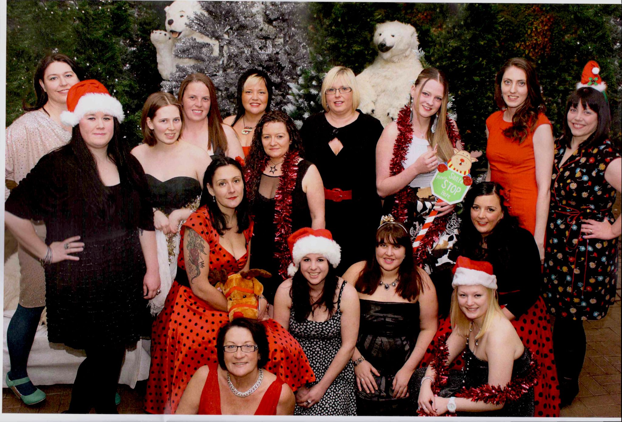 A Christmas-themed group photo from the Lothian Derby Dolls 2013 calendar.