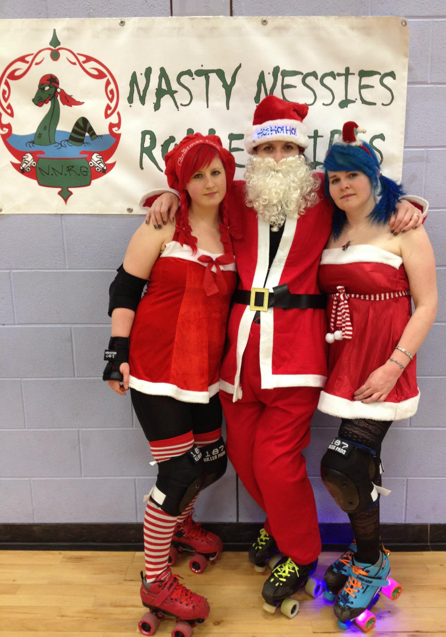 Nat-orious Red, Santa, and Irn Bruzer at the Nessies' Christmas skate.