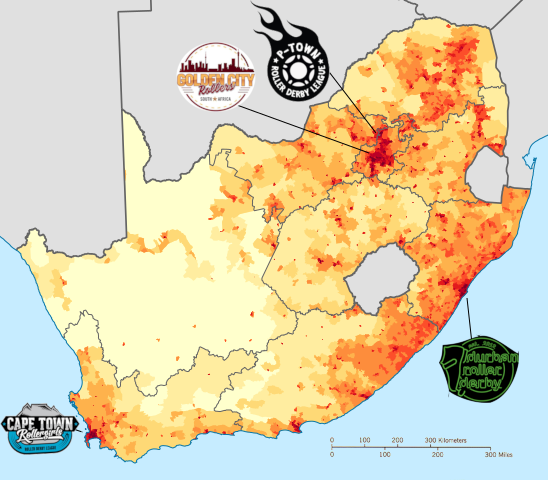 Map of South Africa's Population density, with leagues marked.