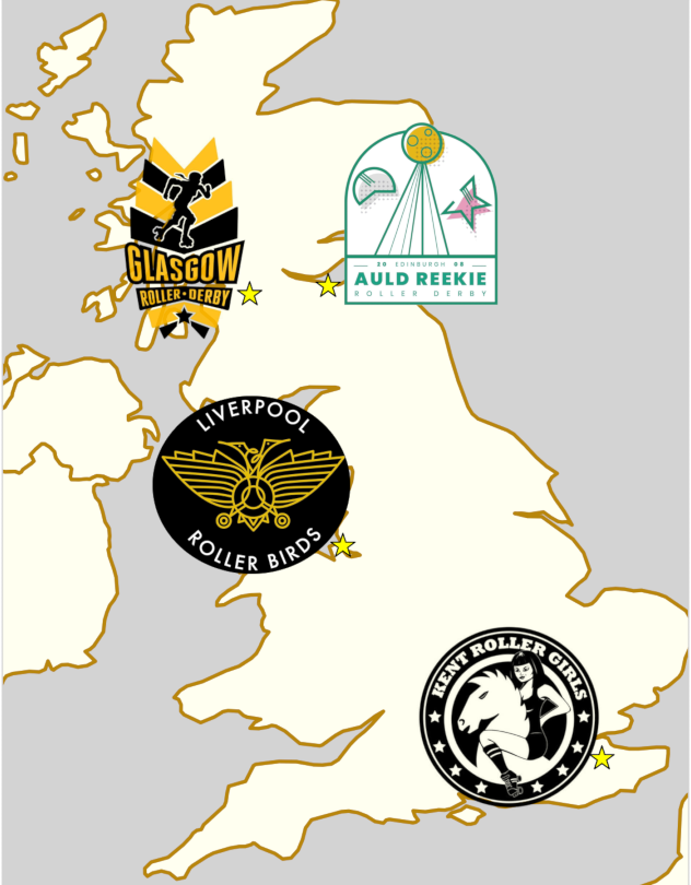 Map of the UK, showing the 4 teams at Chaos on the Clyde 2, and their logos.