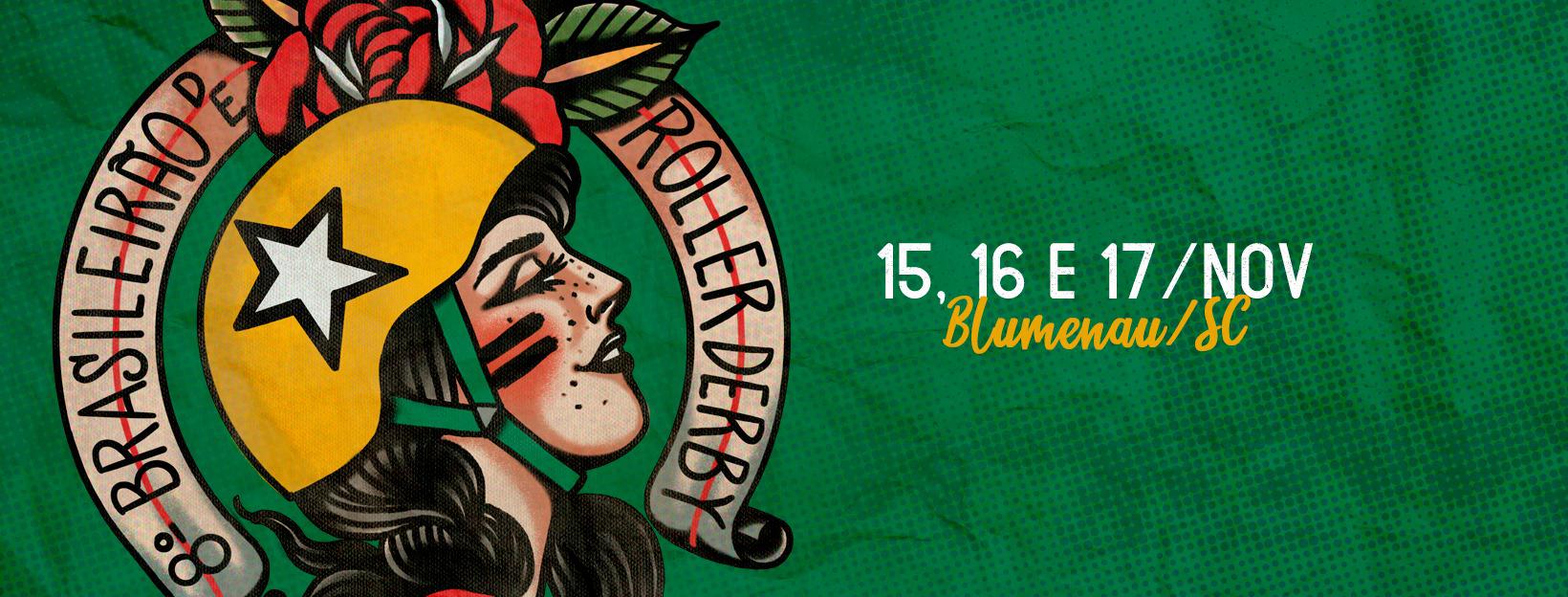 the 8th Brasileirão flyer: green patterned background with Brasilian skater shown facing right in profile (head only), wearing helmet with yellow jammer cover and white star. Her head is tilted slightly up, and she has a mildly anticipatory expression, with eyes half closed. Above the head, and half obscured by it, a red flower with green leaves. Around the head in a 3/4s halo, a scroll reading "8º Brasileirão de Roller Derby".
