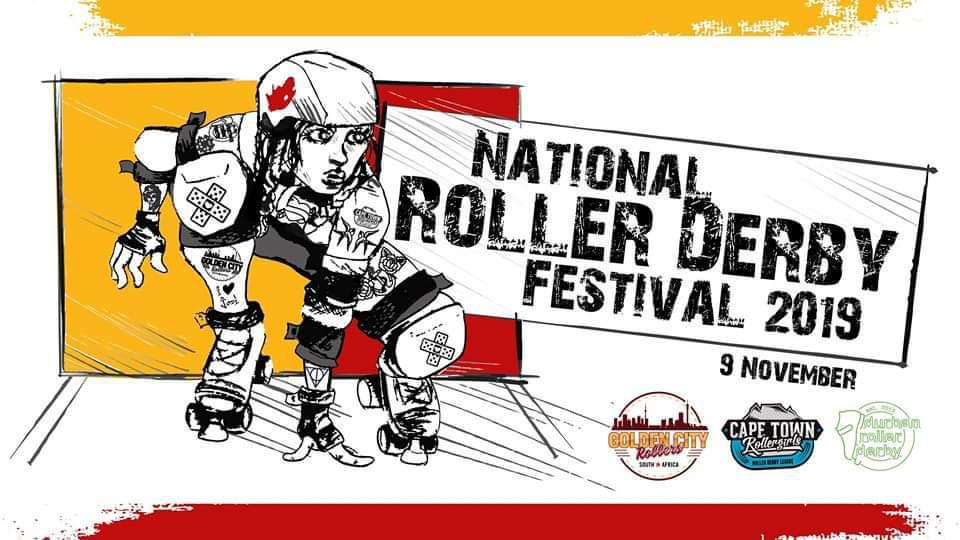The flyer image for this National Derby Fest: crouched jammer ready to sprint at start of whistle (in black and white, with red star), against horizontally divided yellow and red background box; yellow bar at top of flyer, red at bottom. Second box (positioned "on top" of the background, but "behind" the skater) reads "National Roller Derby Festival 2019". The logos of all three leagues with full teams are aligned along the bottom of the flyer.