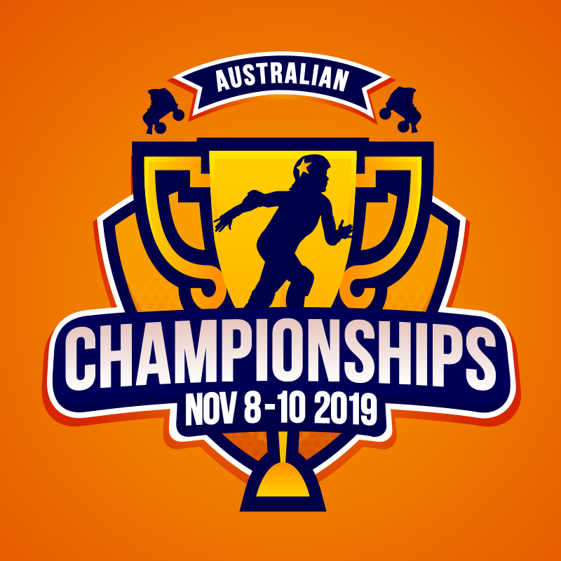 The Australian National Roller Derby Championships Logo for 2019: a silhouette skater with jammer cover, inside a stylised yellow trophy cup, on a yellow-orange shield; the background is a deeper orange.