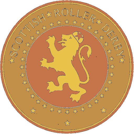 The SRDB Award Logo: the Scottish Roller Derby Blog Logo (concentric circles, outer circle containing words "Scottish Roller Derby" all-capitals, separated by five-pointed stars, and an inner ring of stars just outside the boundary of the inner circle; inner circle containing a modification of the "lion of scotland", a heraldic lion, facing right, rampant, with a jammer cover on its head), but with a gold/bronze colour scheme applied.
