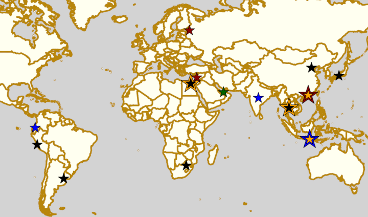 All the places Derby without Borders has provided help to teams, so far. (Black: kit donations achieved, Blue: “start up” support, Green: advice and translation, Yellow: coaching bootcamps (and other additional support), Red: pending kit donation.)