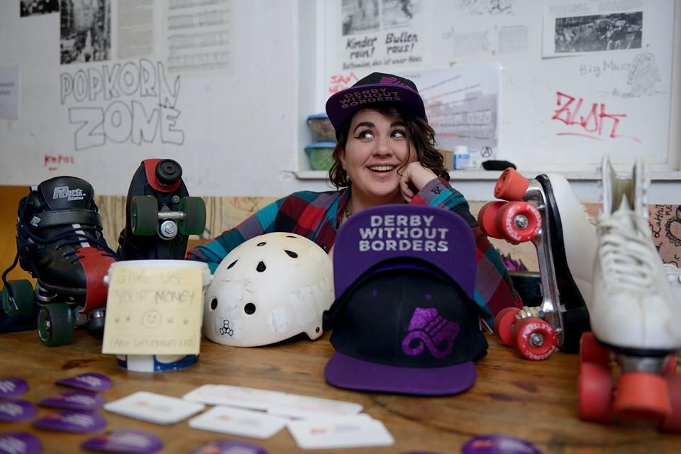 Mae Dae on the Derby without Borders stall at EROC 2019 (Image copyright: Michael Wittig / Bear City Roller Derby)