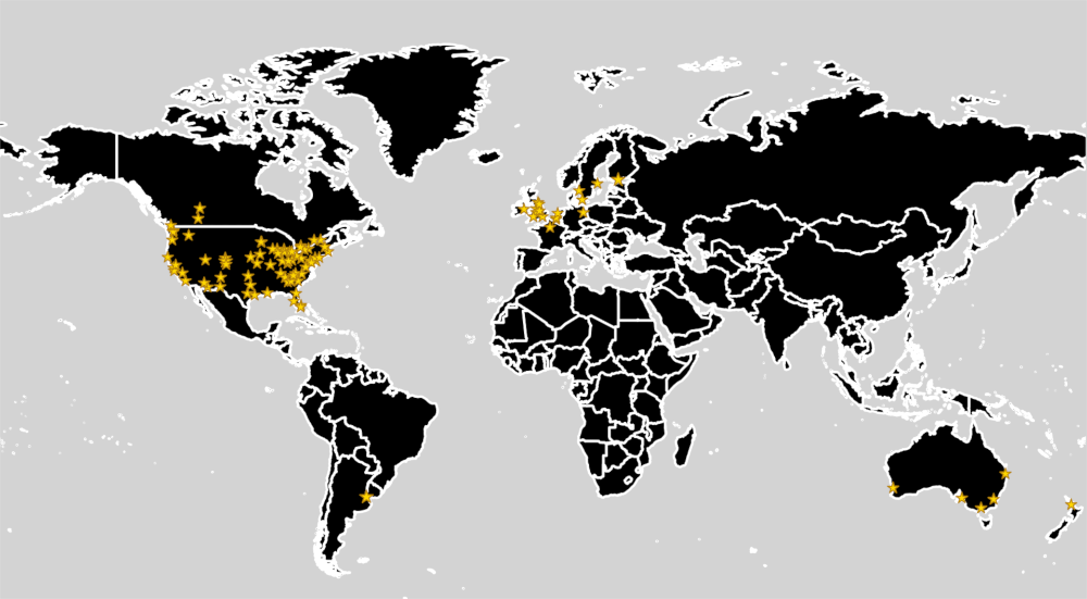 All the locations with teams in our top 100 (larger stars mean more than one team is in the list - for example, 2x4 and Sailor City in Buenos Aires)