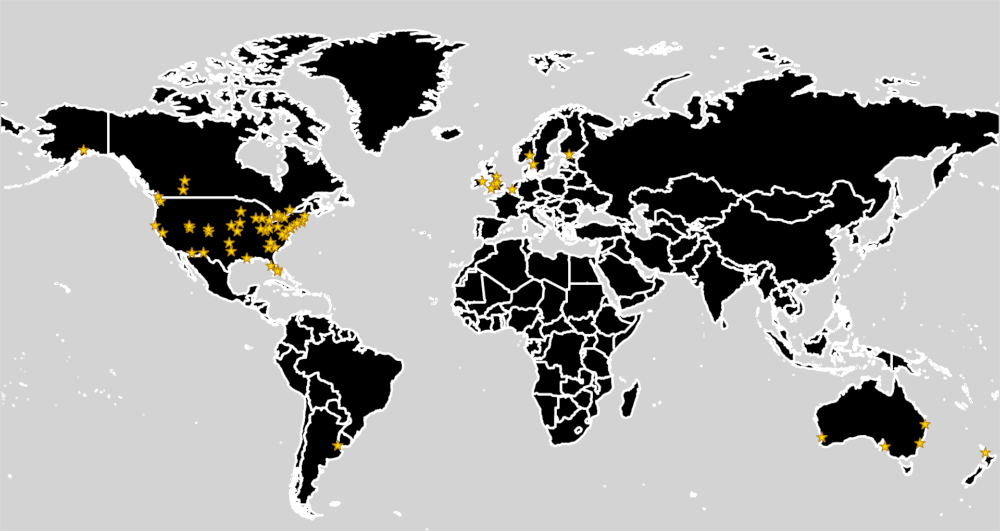 All the locations with teams in our top 100 (larger stars mean more than one team is in the list - for example, 2x4 and Sailor City in Buenos Aires)