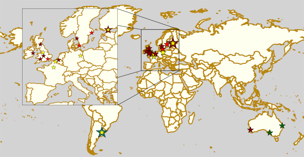 world map with WFTDA 2019 Playoffs and Continental Cup teams outside NA marked, coloured by the contest.