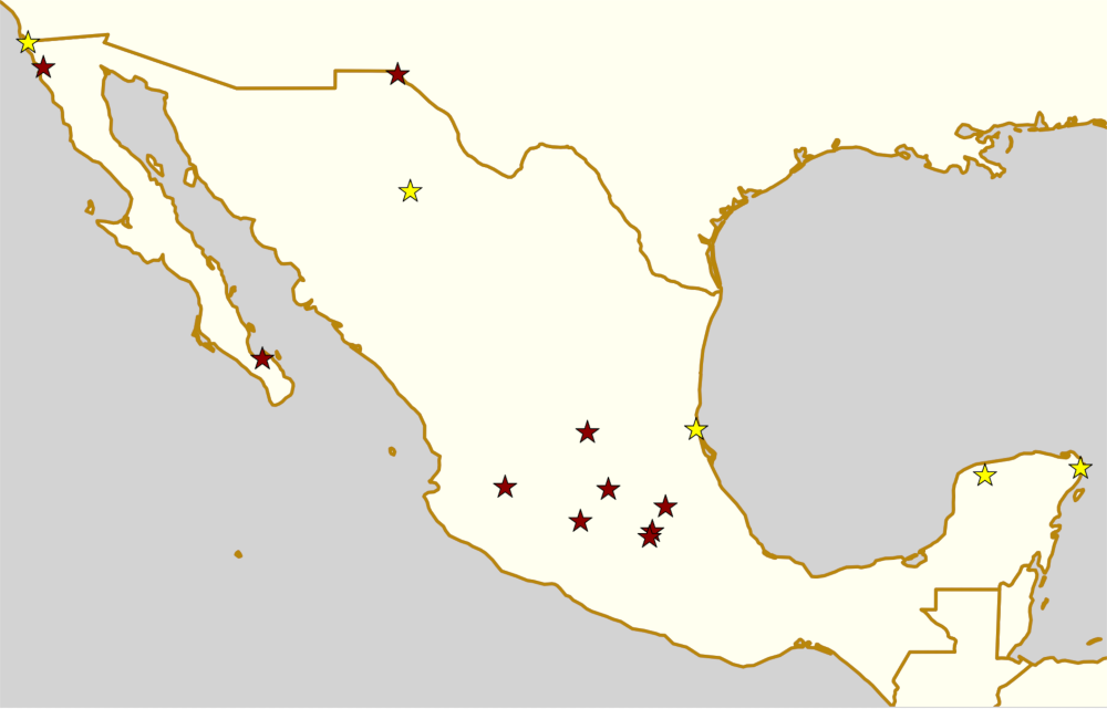 map of mexico with teams competing in the Division 1 and Division 2 tournaments for 2019 marked with stars.
