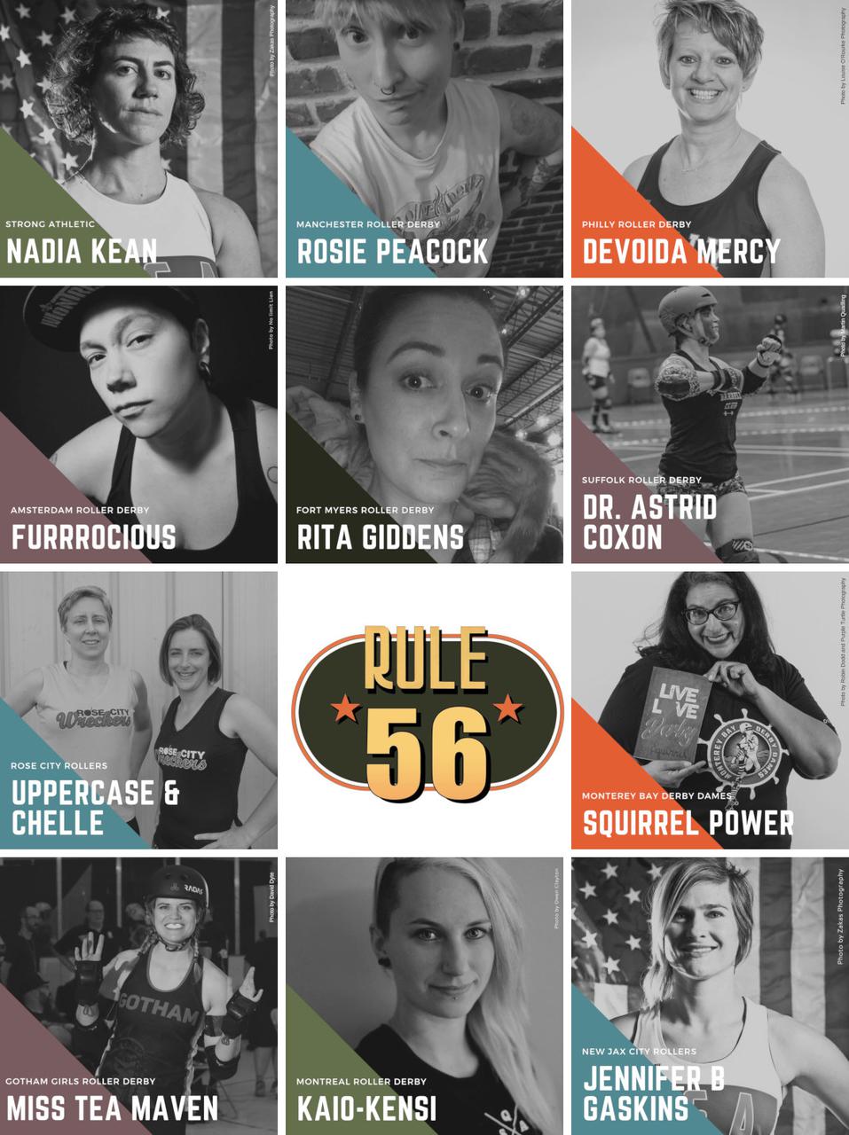 3x4 Checkerboard of portraits (with names) of all of the Derby Stance 2019 speakers and workshop leaders, with Rule56 logo in the middle.