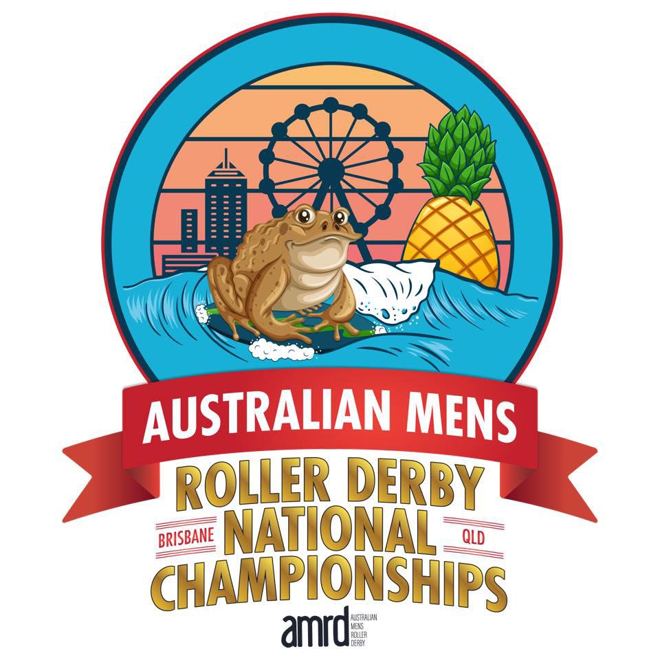 the Australian Men's Roller Derby National Championships logo: a red rimmed circle encompassing an inner thick blue ring around a scene including the Brisbane skyline in silhouette (including the Wheel of Brisbane, the local large observation wheel), a large pineapple (symbolising the Big Pineapple, located in Woombye), and a overlayed by a cane toad surfing on waves.
