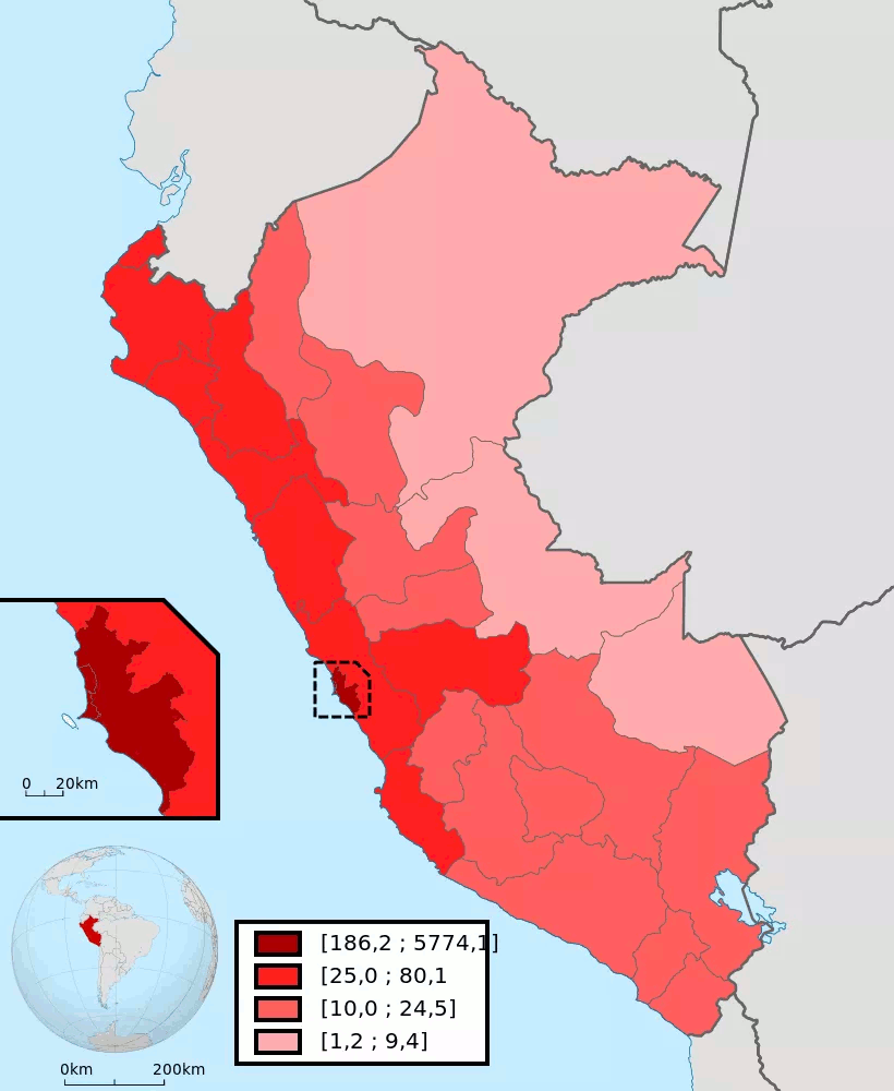 Colour-coded map of Perú's regions, showing population density by darker reds. There is a box-out to zoom in on Lima. Together, the map shows that the coast has a much denser population than inland, and that Lima has a denser population than everywhere else in the country.