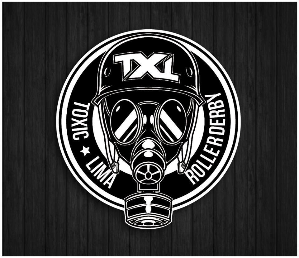 The Toxic Lima Roller Derby logo: all in black and white with no shading. stylised head wearing full-face gas mask, and WW1 style helmet, with TXL displayed on the helmet crown. Behind, a ring with "Toxic Lima Roller Derby" curving within it.