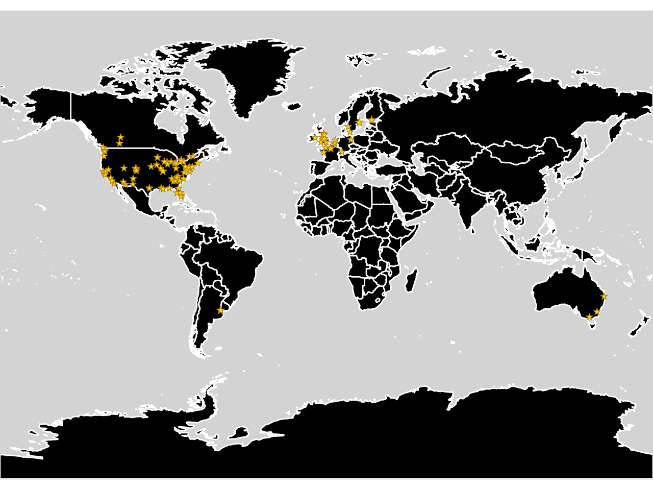 All the locations with teams in our top 100 (larger stars mean more than one team is in the list - for example, 2x4 and Sailor City in Buenos Aires)