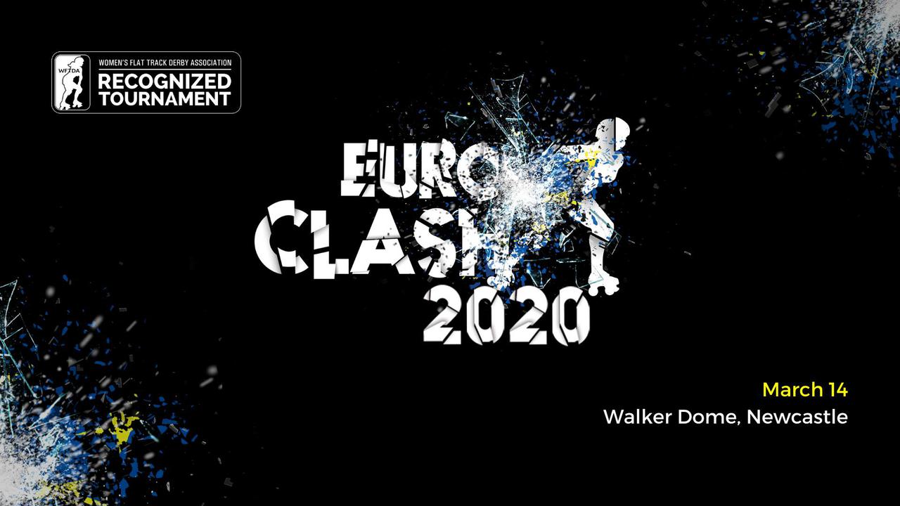 The EuroClash 2020 flyer image: EuroClash logo (text EUROCLASH 2020 and silhouette skater) with glass-shattering effect applied, the "WFTDA Recognised Tournament" logo, and additional glass shatter effects at the corners of the image.