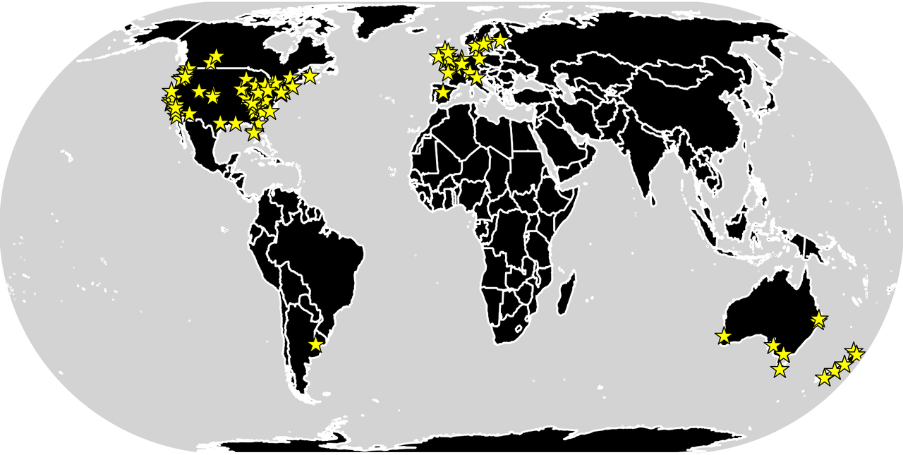 All the locations with teams in our top 100 (larger stars mean more than one team is in the list in that location)