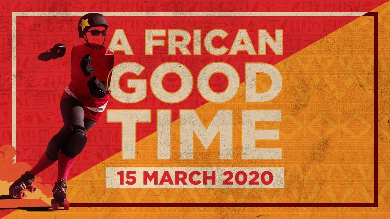 The 'A Frican Good Time' Flyer, large text of the event name in block capitals over diagonally divided field of red (top left) and gold (bottom right). Red part of field has subtle ancient Egyptian hieroglyph pattern, gold part of field has subtle Zulu-style geometric patterning. To the left of the text is a jammer, whose flesh is invisible, but whose clothing and kit are red, black and gold.